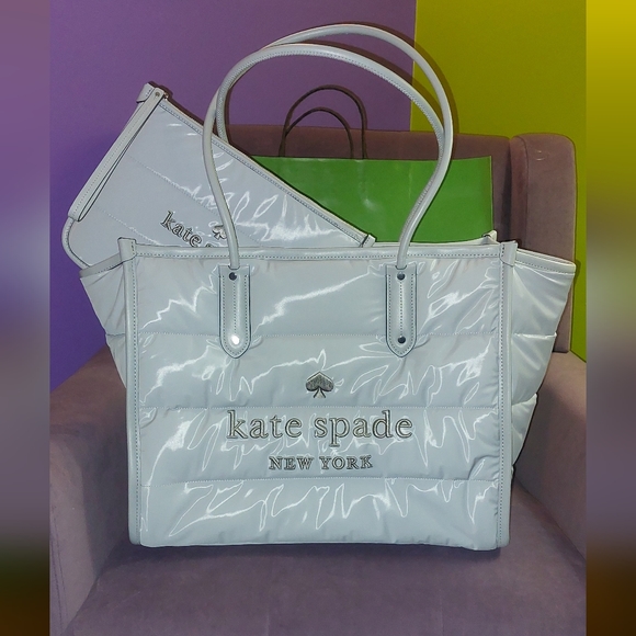 kate spade Handbags - Kate Spade Ella Puffy Fabric XL Tote With Matching Pouch in Brushed Steel Grey